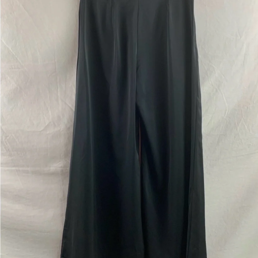 Black Wide Leg Palazzo Pants Size L High Waist Elegant Flowy Trousers - Picture 3 of 4